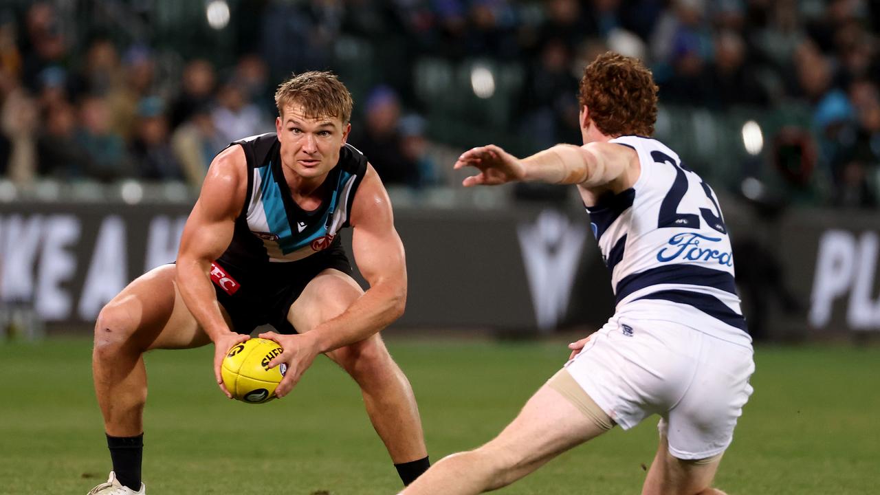 Ollie Wines against Geelong this year. Picture: James Elsby/AFL Photos via Getty Images