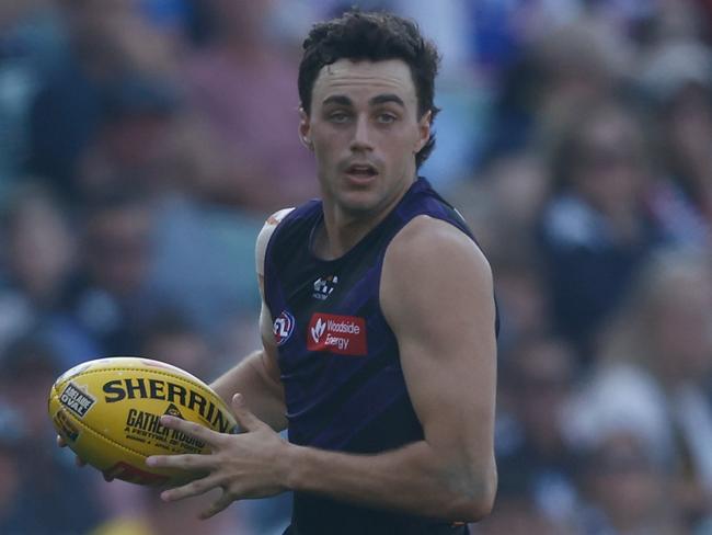 ADELAIDE, AUSTRALIA - APRIL 06: Jordan Clark of the Dockers in action during the 2024 AFL Round 04 match between the Fremantle Dockers and the Carlton Blues at Adelaide Oval on April 06, 2024 in Adelaide, Australia. (Photo by Michael Willson/AFL Photos via Getty Images)