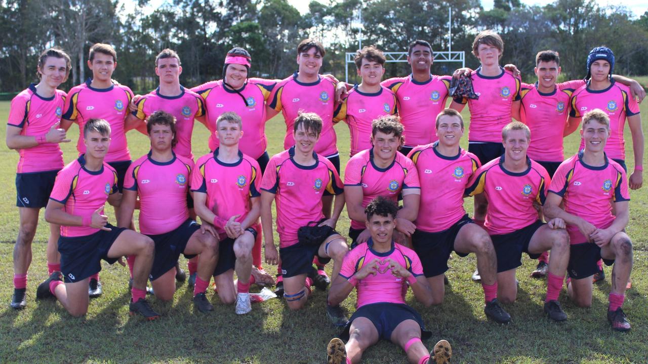 St Columban's College First XV rugby team wearing pink in support of their breast cancer fundraiser.