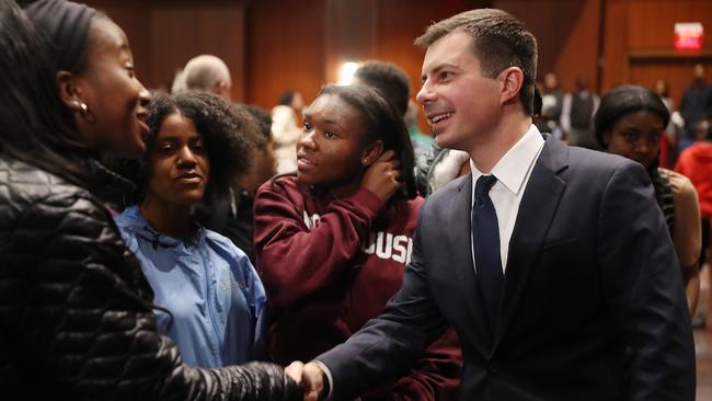 Pete Buttigieg meets students at Morehouse Collage in Atlanta on Tuesday. Picture: AP