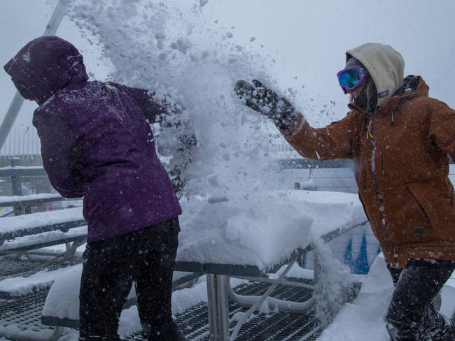 Snow fight! With plenty of the white stuff falling overnight after a slow start to the season skiers are celebrating. Picture: supplied
