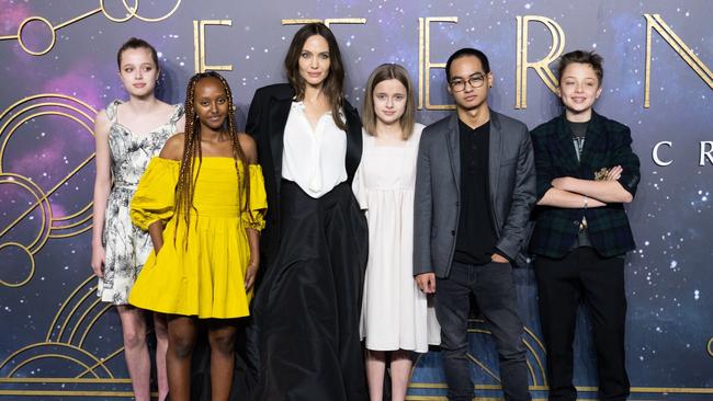 Jolie with her children — from left, Shiloh, Zahara, Vivienne, Maddox and Knox — in 2021. Picture: Getty