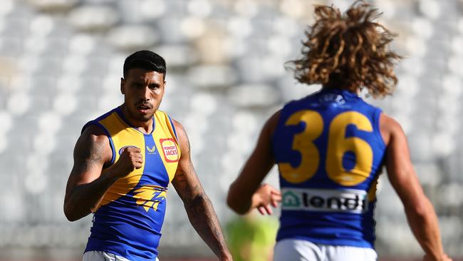 Tim Kelly celebrates a goal against Fremantle during pre-season.