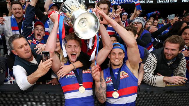 Shane Biggs and Clay Smith celebrate after the 2016 Grand Final. Picture: Mark Stewart