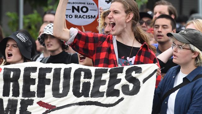 Protesters at a rally in Sunshine in February this year chanted “migrants and refugees welcome, Nazi gyms are not”. Picture: Josie Hayden