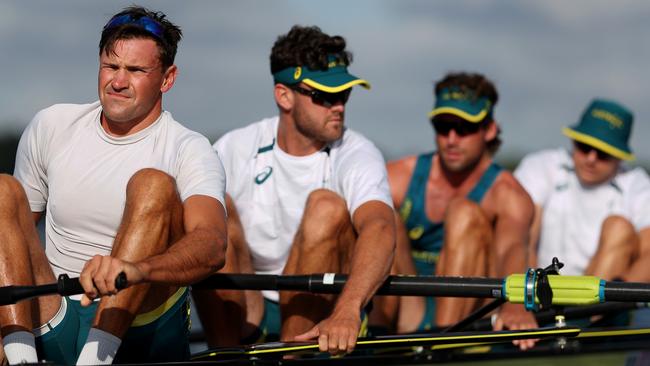 PARIS, FRANCE - JULY 22: Men's Four- Timothy Masters, Fergus Hamilton, Jack Robertson and Alex Hill of Team Australia take to the water ahead of the Rowing at Vaires-Sur-Marne Nautical Stadium on July 22, 2024 in Paris, France. (Photo by Alex Davidson/Getty Images)