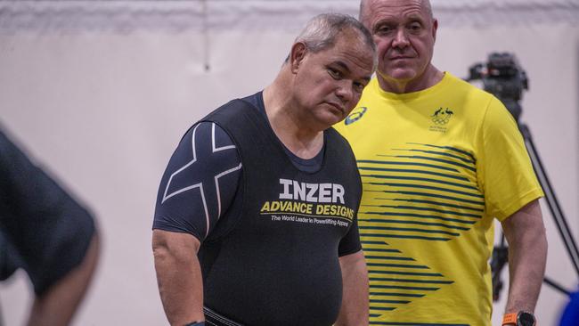 Mayor Tom Tate checks out the competition in the 65-plus category of the powerlifting at the Pan Pacific Masters Games. Picture: Glenn Campbell