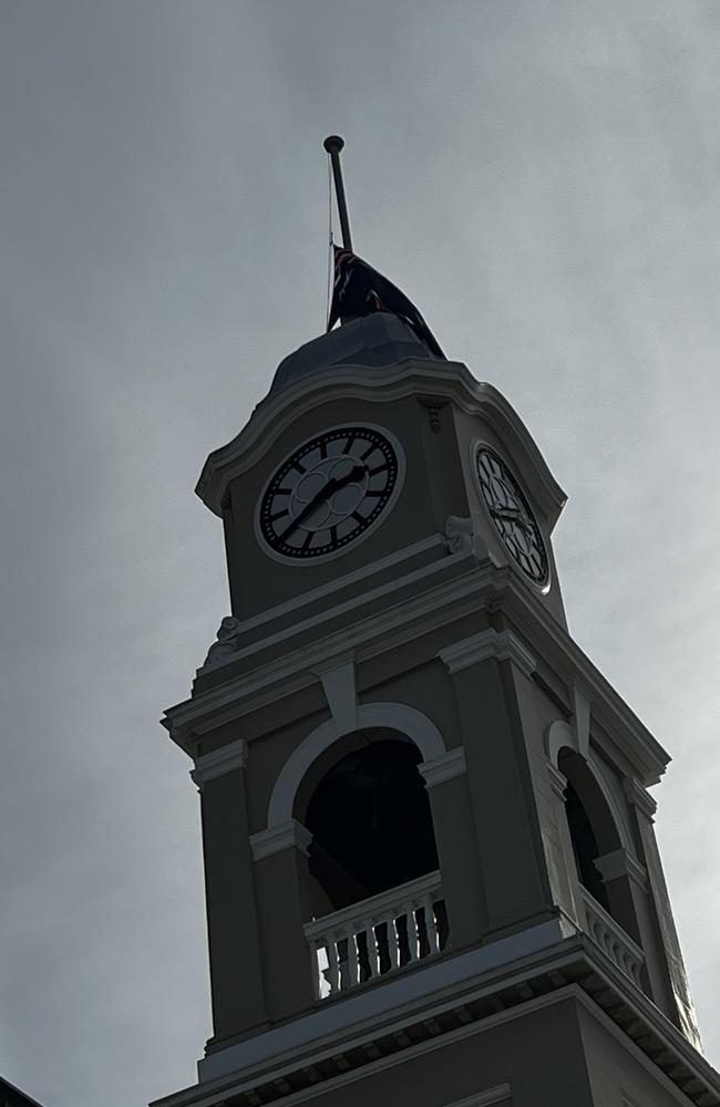 The flag at half mast at city hall in Maryborough on Tuesday.