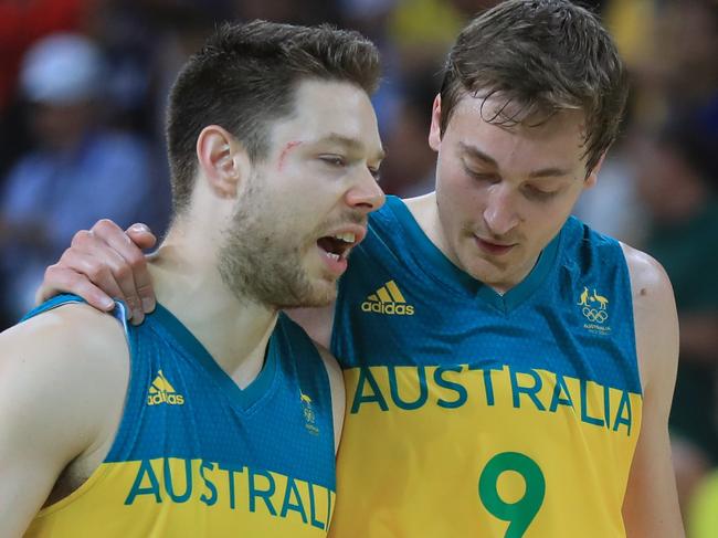 Rio Olympics 2016. The Men's Australian Basketball team, the Boomers, v. Lithuania at Carioca 1, in Olymic Park Rio de Janeiro, Brazil. Australia's Matthew Dellavedova and Ryan Broekhoff after the game. Picture: Alex Coppel.