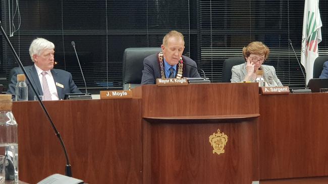 Tea Tree Gully Mayor Kevin Knight with council chief executive John Moyle at a council meeting. Picture: Colin James