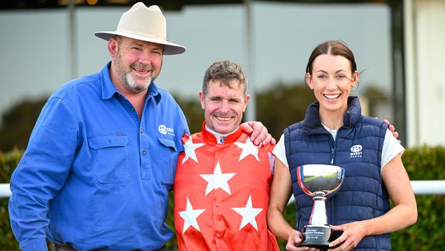 Peter Moody, with jockey Luke Nolen and co-trainer Katherine Coleman, is among the inaugural Southside slot-holders. Picture: Vince Caligiuri/Getty Images