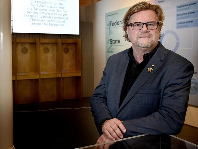 22/05/17 Centre of Democracy.CEO of SA History Trust Greg Mackie, with The Democracy Machine interactive art installation. Pic Roy VanDerVegt