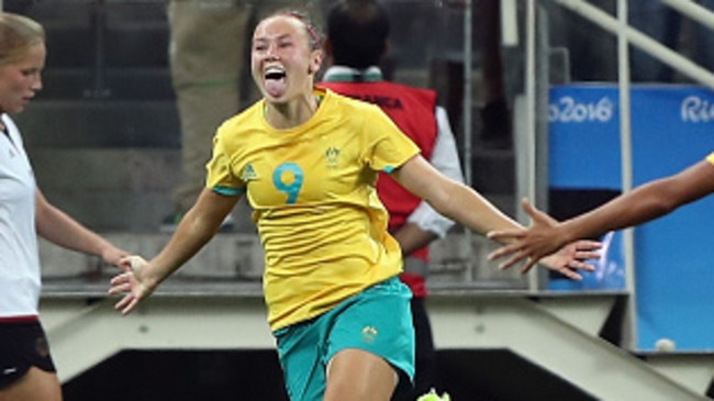 Caitlin Foord celebrates a goal against Germany at the Rio Olympics.