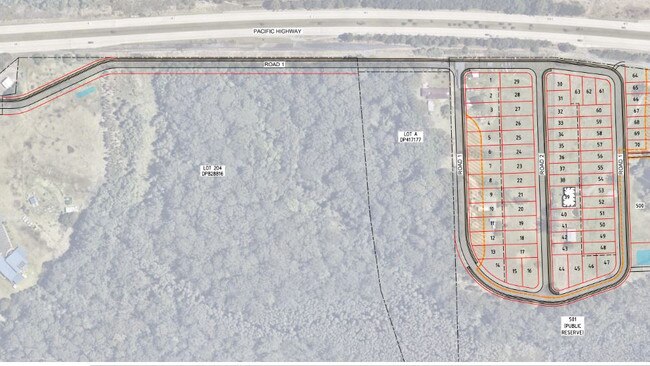 An overheard look at the proposed development at Boambee East, showing the road leading in to the housing site.