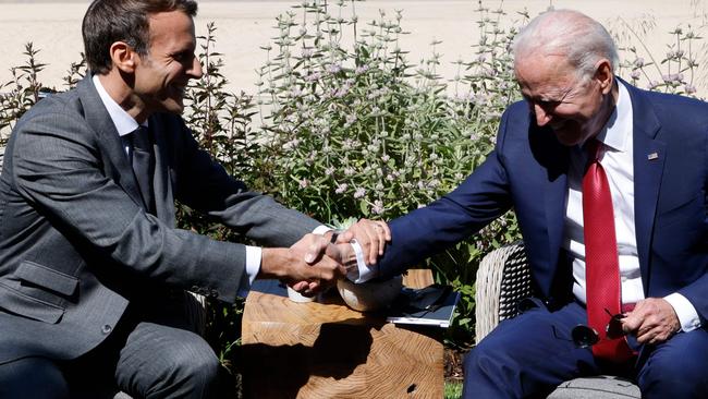 Emmanuel Macron with Joe Biden before a bilateral meeting during the G7 summit in Cornwall earlier this year. Picture: AFP