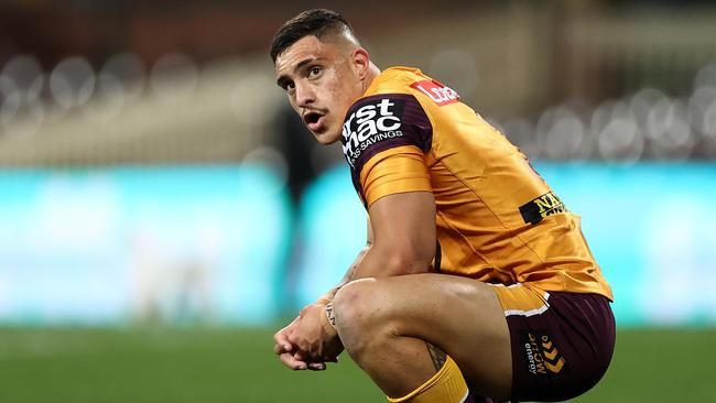 SYDNEY, AUSTRALIA - AUGUST 28:  Kotoni Staggs of the Broncos looks on after a Roosters try during the round 16 NRL match between the Sydney Roosters and the Brisbane Broncos at the Sydney Cricket Ground on August 28, 2020 in Sydney, Australia. (Photo by Cameron Spencer/Getty Images)