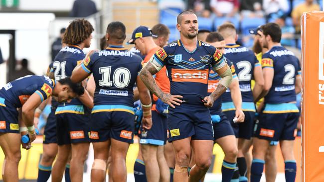 Nathan Peats of the titans looks on following a Sea Eagles try during the Round 15 NRL match between the Gold Coast Titans and the Manly Sea Eagles at Cbus Super Stadium on the Gold Coast, Saturday, June 29, 2019. (AAP Image/Dave Hunt) NO ARCHIVING, EDITORIAL USE ONLY