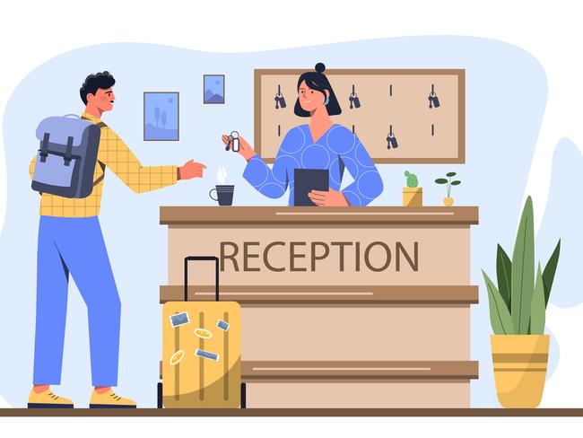 Man and woman at reception. Tourist in hotel talking to staff. Young guy with backpack and suitcase. Lobby Desk worker give room key to guest. Cartoon flat vector illustration