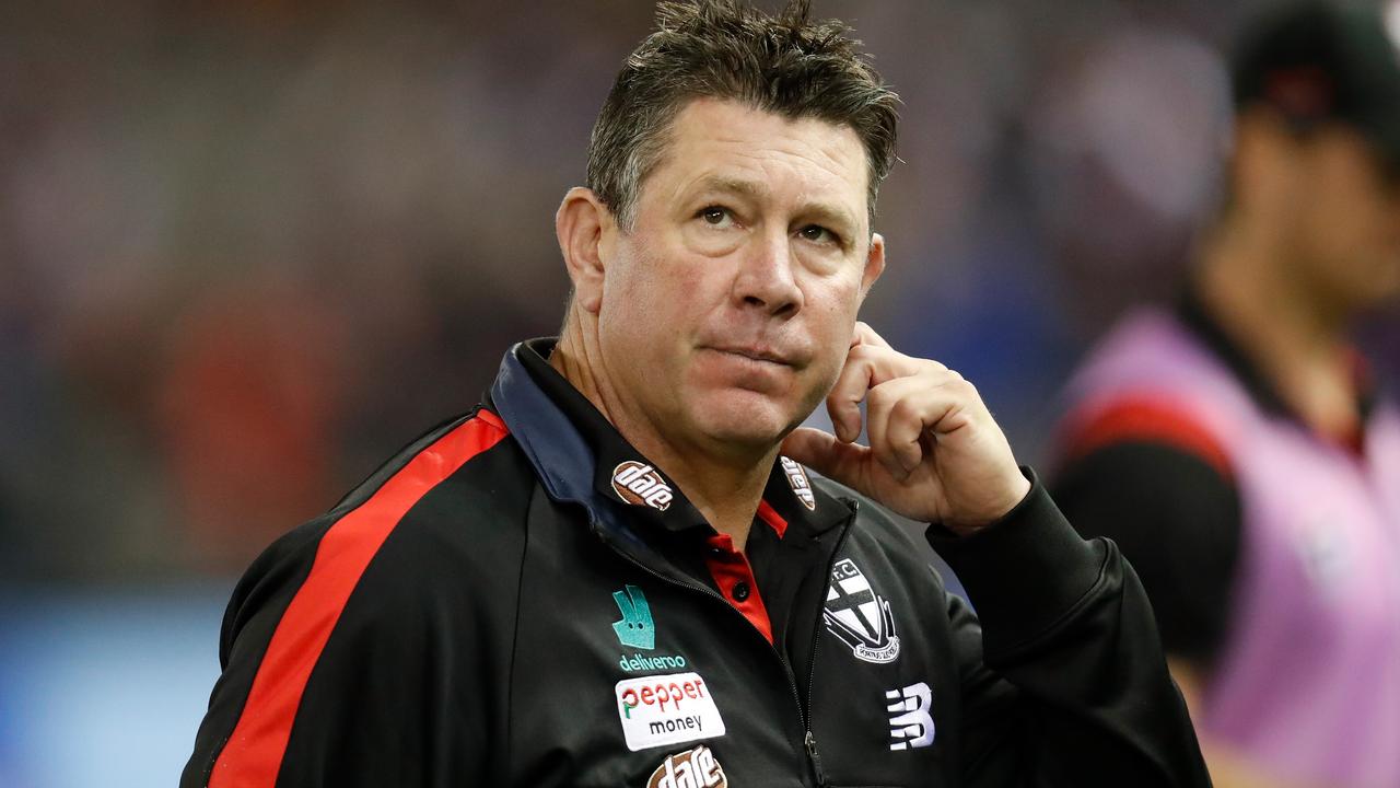MELBOURNE, AUSTRALIA - MAY 22: Brett Ratten, Senior Coach of the Saints looks on during the 2021 AFL Round 10 match between the Western Bulldogs and the St Kilda Saints at Marvel Stadium on May 22, 2021 in Melbourne, Australia. (Photo by Michael Willson/AFL Photos via Getty Images)