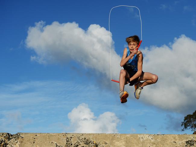 Davies demonstrates his gravity-defying skipping skills, photographed in 2014. Picture: Braden Fastier