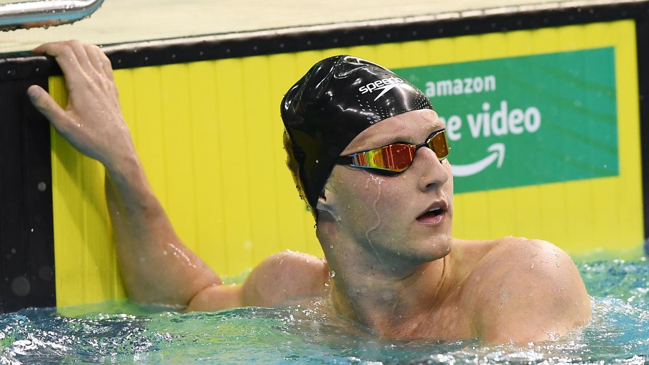 ADELAIDE, AUSTRALIA - JUNE 12: Elijah Winnington look to the clock after finishing his heat in the Men's 400 LC Metre Freestyle heat 2 during the Australian National Olympic Swimming Trials at SA Aquatic &amp; Leisure Centre on June 12, 2021 in Adelaide, Australia. (Photo by Mark Brake/Getty Images)