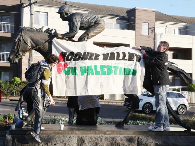 Pro-Palestine protesters outside the Moonee Valley Racecourse. Picture: David Crosling