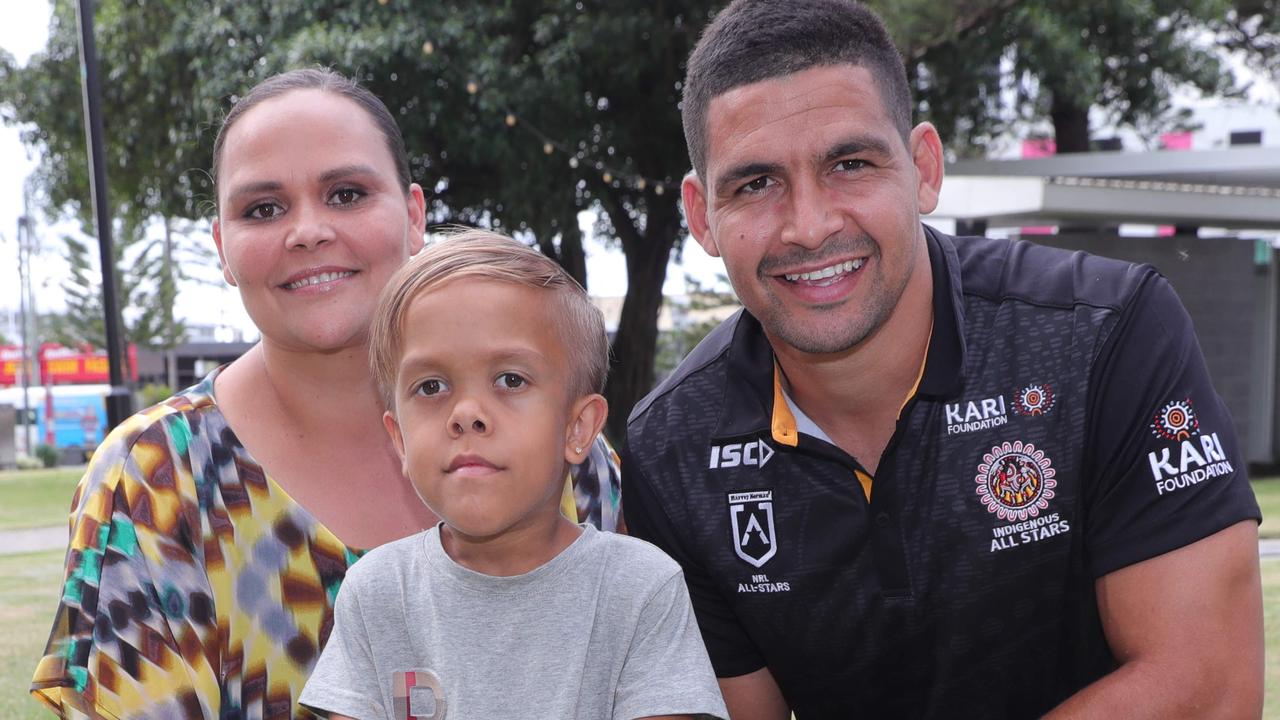 Quaden Bayles with his mother Yarraka and All Star Cody Walker on the Gold Coast. Picture: Glenn Hampson