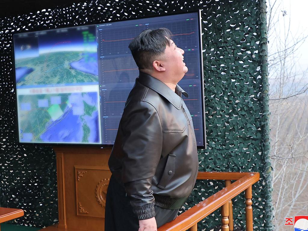 North Korea’s Supreme Leader Kim Jong Un looked on gleefully during the first test-fire of the ballistic missile Hwasongpho-16B in Pyongyang in North Korea on April 2 but he would not have been smiling when the country’s new spy satellite exploded on May 28. Picture: KCNA VIA KNS/AFP