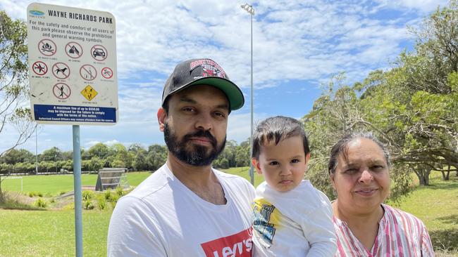 Fateh Chahal with his son Zovi and mother Karamjit Kur from Port Macquarie. Picture: Janine Watson.