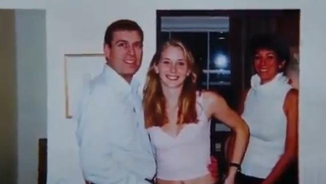 Prince Andrew, Virginia Roberts Giuffre and Ghislaine Maxwell inside the London Mews home of Maxwell (right). Picture: Supplied