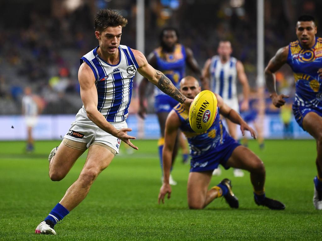 Jy Simpkin had plenty of it for the Roos. Picture: AFL Photos/Getty Images