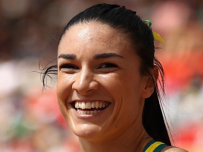 GOLD COAST, AUSTRALIA - APRIL 12:  Michelle Jenneke of Australia reacts after she  competes in the Women's 100 metres hurdles heats during athletics on day eight of the Gold Coast 2018 Commonwealth Games at Carrara Stadium on April 12, 2018 on the Gold Coast, Australia.  (Photo by Cameron Spencer/Getty Images)