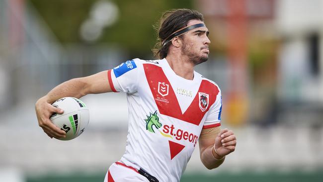 SYDNEY, AUSTRALIA – FEBRUARY 18: Cody Ramsey of the Dragons runs the ball during the NRL trial match between the Parramatta Eels and the St George Illawarra Dragons at Netstrata Jubilee Stadium on February 18, 2021 in Sydney, Australia. (Photo by Brett Hemmings/Getty Images)