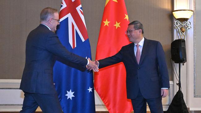 Let’s shake on it … Anthony Albanese meets China’s Premier Li Qiang in Jakarta on Thursday. Picture: AAP