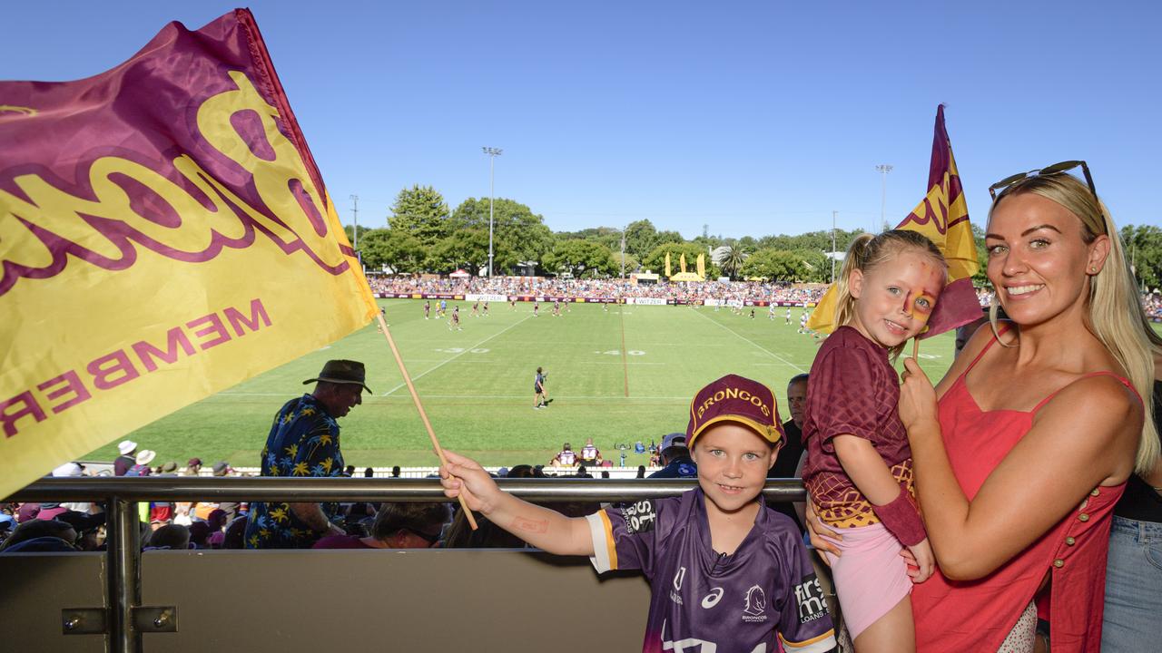 Amy Jenkins with her kids Max and Edie Jenkins at the NRL Pre-Season Challenge game between Broncos and Titans at Toowoomba Sports Ground, Sunday, February 16, 2025. Picture: Kevin Farmer