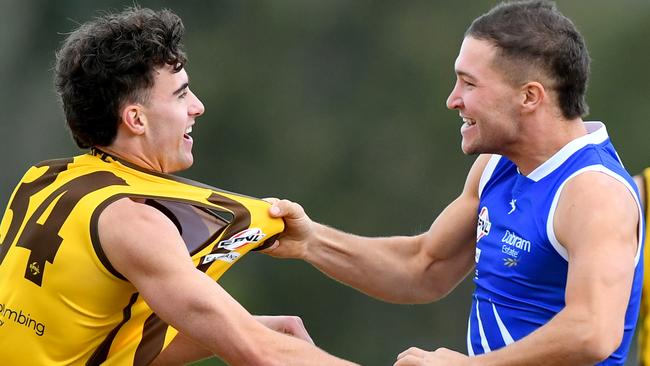 Jesse Eickhoff of Rowville wrestles with Sam Lowson of East Ringwood during the round eight EFNL Premier Eastland Senior Men;s match on Saturday. (Photo by Josh Chadwick)