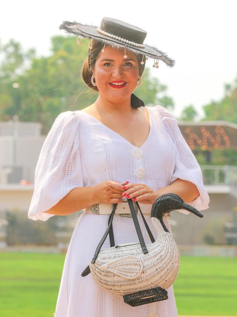 Kim Watkinson with her bin chook purse at the 2021 Darwin Cup Carnival Derby Day. Picture: Glenn Campbell