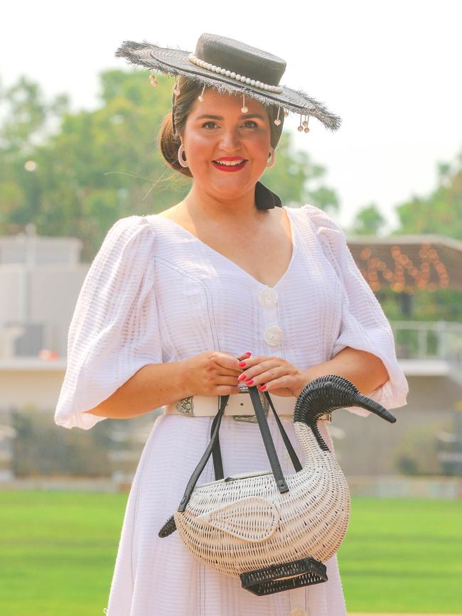 Kim Watkinson with her bin chook purse at the 2021 Darwin Cup Carnival Derby Day. Picture: Glenn Campbell