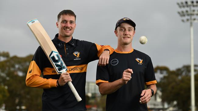 Daniel Fallins (right) with star West Torrens teammate Jordan Buckingham. Picture: Naomi Jellicoe