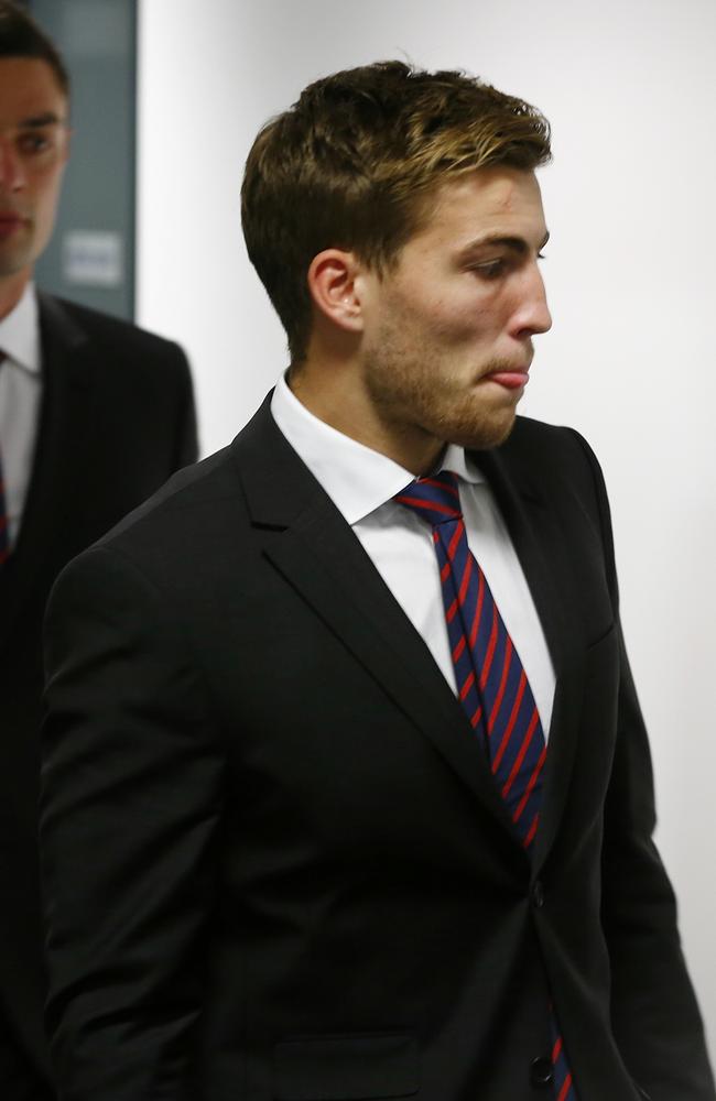 Jack Viney arrives at the tribunal before he was found guilty and suspended for two weeks.