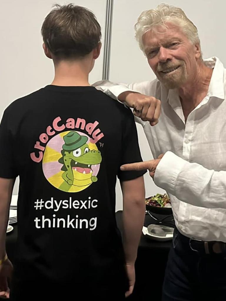 Thirteen-year-old Angus founded his lolly business, Croc Candy, to raise funds for dyslexia charities aged seven, meeting Branson for a private meeting during a visit to Australia. Picture: Supplied.