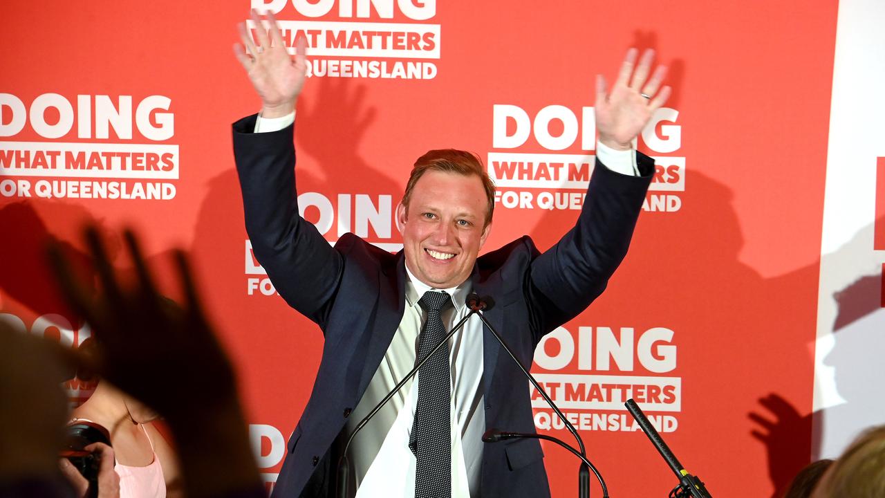 Premier Steven Miles on stage at the Murrumba Downs Tavern on Saturday night. Picture: John Gass