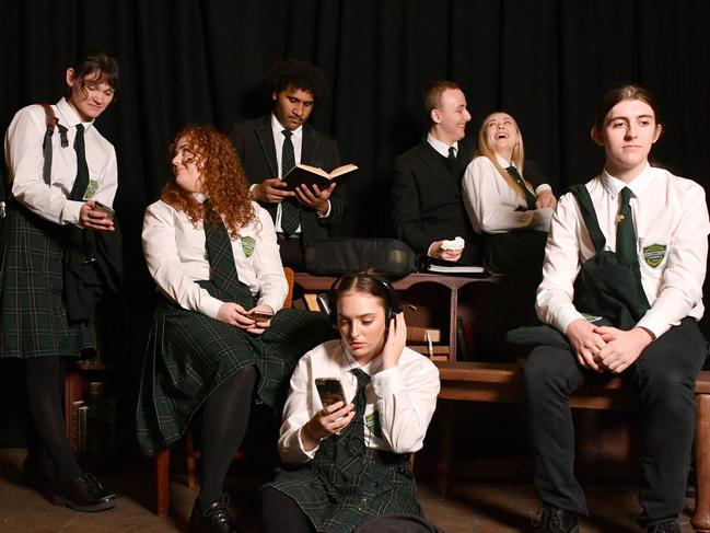 Ally Armitage-Cosgrove, Lily Bartlett, Emma Smith and Kaden Ramm (front) with George Abednego, Hunter Sams and Alyssandra Higgins perform in TheatreiNQ's upcoming production PUNKROCK. Picture: Evan Morgan