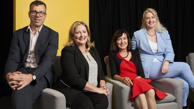 Flinders University’s Dr Rob Manwaring, Mayo MP Rebekha Sharkie, Deputy Premier Susan Close and Adelaide MP Lucy Hood before the third Fearless Conversations discussion. Picture: Matt Loxton