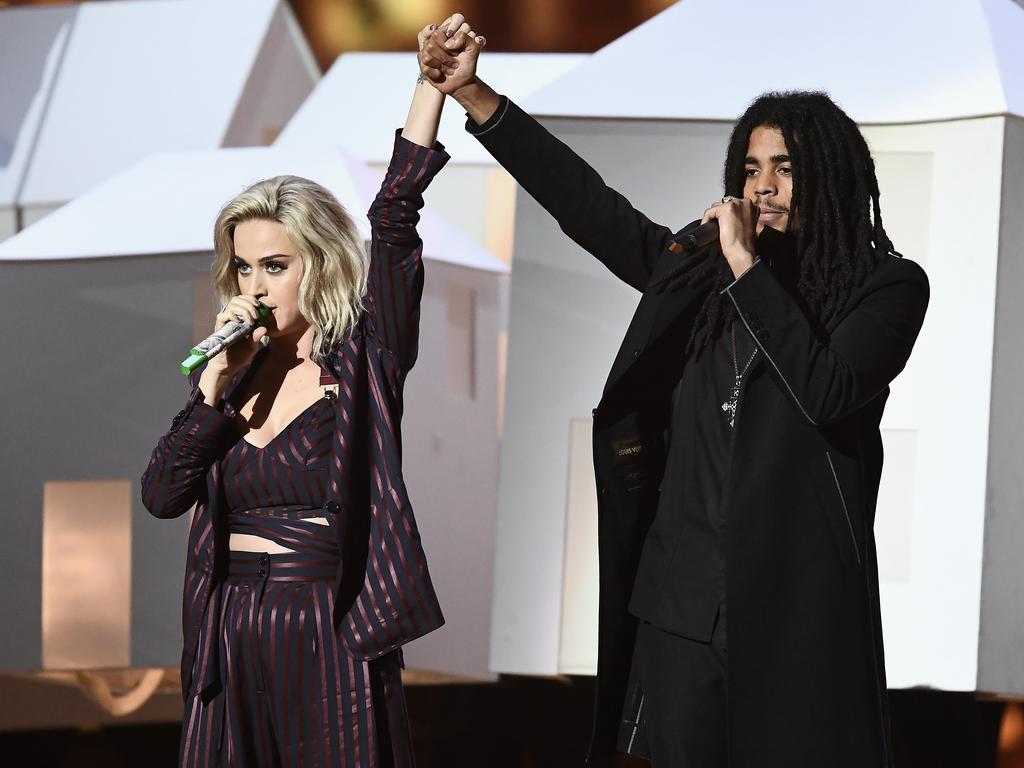 Katy Perry and Skip perform on stage at The BRIT Awards 2017 at The O2 Arena on February 22, 2017 in London, England. Picture: Getty