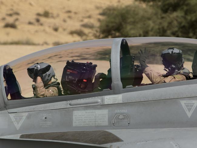 Combat mission ... the crew of a Royal Australian Air Force F/A-18F Super Hornet on the taxiway. Picture: Supplied