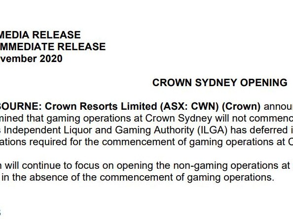 Crown announced to the ASX on Wednesday it wouldn't open on schedule, less than 24 hours after its lawyers submitted information that showed it probably allowed money laundering to happen.
