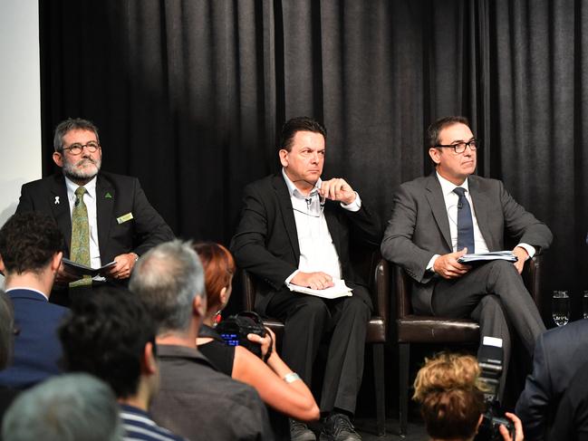 South Australian Leaders (L to R) Mark Parnell, SA Best Leader Nick Xenophon, Liberal leader Steven Marshall and Premier Jay Weaherill at the Party Leaders environment debate at the Science Exchange in Adelaide. Tuesday, February 20, 2018. (AAP Image/David Mariuz) NO ARCHIVING