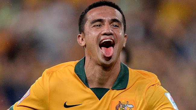 BRISBANE, AUSTRALIA - JANUARY 22: Tim Cahill of Australia celebrates after scoring a goal during the 2015 Asian Cup match between China PR and the Australian Socceroos at Suncorp Stadium on January 22, 2015 in Brisbane, Australia. (Photo by Bradley Kanaris/Getty Images)