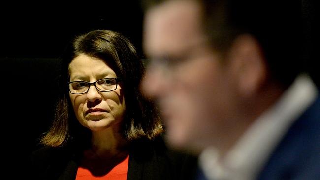 Victorian Premier Daniel Andrews and the then health minister Jenny Mikakos at the daily media conference in August. Picture: NCA NewsWire / Andrew Henshaw